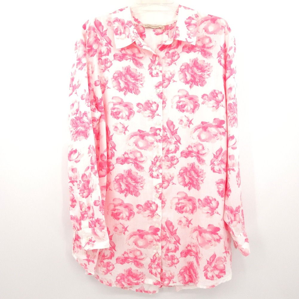 Soft Surroundings Button Down Shirt Women XL Pink Floral Rose Tencel Cottagecore